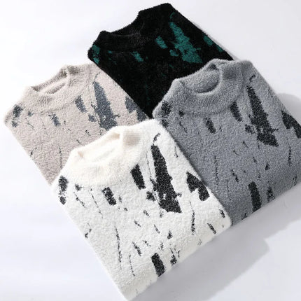 Men Round Neck Pullovers Long Sleeve Jumpers Print Knitted Sweater Slight Strech Regular Casual Simple Thick Winter 2025