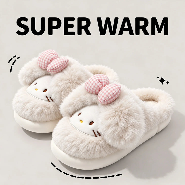 2026 Cute Bow Cat Cartoon Plush Slippers Women Men Winter Warm Thick Sole House Shoes Indoor Fuzzy Comfortable Soft Home Slides