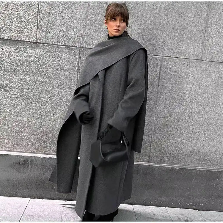 Elegant Big Scarf Collar Women's Coat Fashion Double Breasted Pockets Overcoats 2026 Autumn New High Street Oversize Outerwears