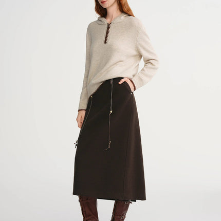 DUSHU Classic Long and Short Elastic Waist A-line Skirt 2025 Winter Skirt for Women Solid Simple Commuting Office Ladies College PlatiNum