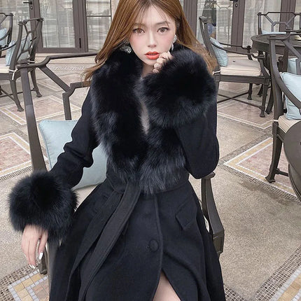 Women Fashion Long Luxury Overcoat Female Winter Coats Fur Collar Warm Elegant Thicken Solid Colo Woolen Jackets Abrigos Mujer