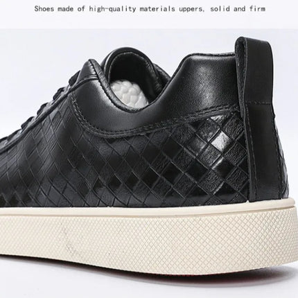Men Woven Faux Leather Lace‑Up Skate Sneakers Low Top Flat Casual Shoes Retro Stitching Splicing Daily Outdoor Commuter Footwear
