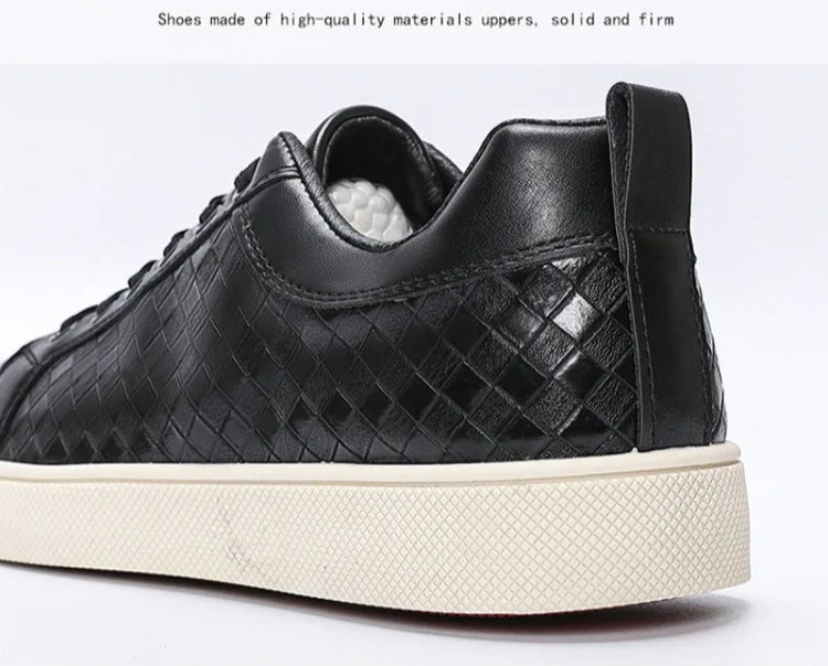 Men Woven Faux Leather Lace‑Up Skate Sneakers Low Top Flat Casual Shoes Retro Stitching Splicing Daily Outdoor Commuter Footwear