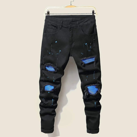 Men's Jeans Cool Ripped Skinny Trousers Stretch Slim Denim Pants Patchwork Hip Hop Black Blue Casual Jogging Jeans for Men PlatiNum