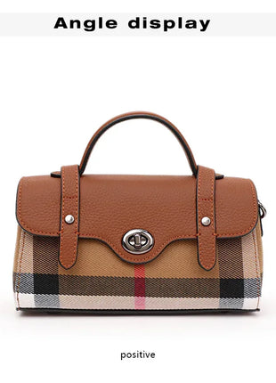 Borsa Mini Boston a Righe e Quadri in Tessuto con Finiture in Ecopelle, Chiusura a Giro e Torsione, Design con Patta, Borsa a Mano da Donna, a Tracolla, Portamonete