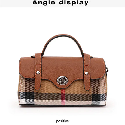 Borsa Mini Boston a Righe e Quadri in Tessuto con Finiture in Ecopelle, Chiusura a Giro e Torsione, Design con Patta, Borsa a Mano da Donna, a Tracolla, Portamonete