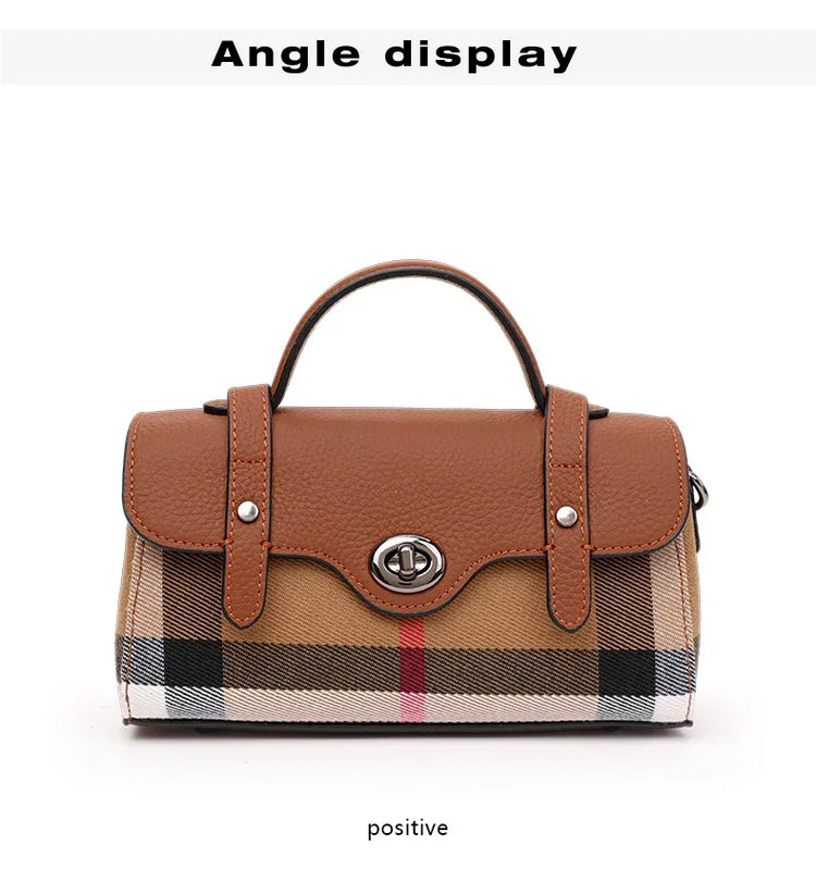 Borsa Mini Boston a Righe e Quadri in Tessuto con Finiture in Ecopelle, Chiusura a Giro e Torsione, Design con Patta, Borsa a Mano da Donna, a Tracolla, Portamonete