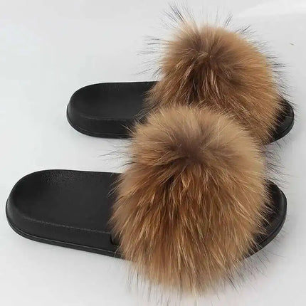 Real Raccoon Fur Slippers for Women 2023 Summer Fluffy Indoor Home Fuzzy Flat Slides Outdoor Fashion Beach Sandals Flip Flops