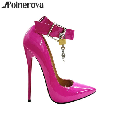 16cm Lock Pumps Sexy Pointed Stilettos Ankle Buckle Patent Leather High Heels Designer Metallic Lock Belt Buckle Lacquered Heels - PlatiNum