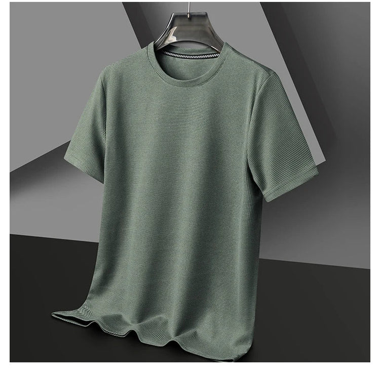 New Summer Waffle Round Neck Short Sleeved T-shirt for Men's Short Sleeved Top PlatiNum