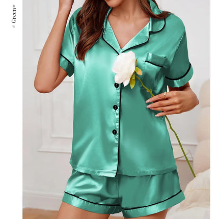 Pigiama da donna in raso di seta estivo Set Top e pantaloncini abbottonati 2 pezzi indumenti da notte colletto dentellato indumenti da notte Loungewear per le donne