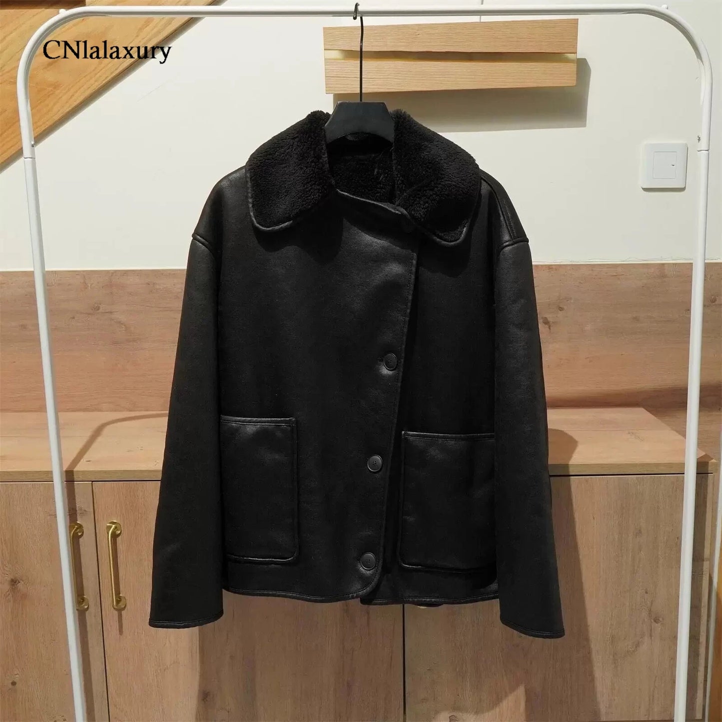 2024 Woman Thick Faux Leather Jackets for Women Streetwear Autumn Winter Warm Female Wool Blends Coats Outerwear