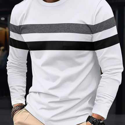 2025 Autumn/Winter Fashion Men's Long Sleeve Round Neck Splicing T-shirt Business Anti Wrinkle Street Wear Casual Top PlatiNum