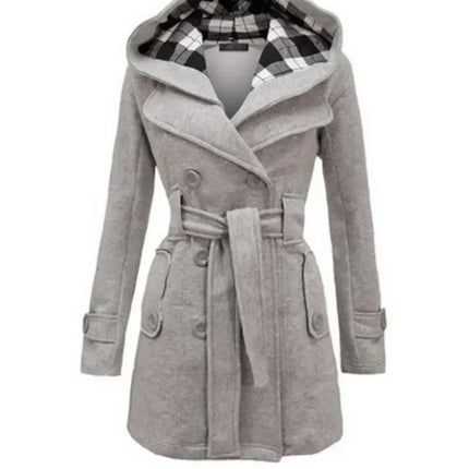 2026 Autumn Women's Hooded Overcoat Trend Double-Breasted Design Belt Side Pockets Plaid Splice Woolen Coats Winter Jacket Femme