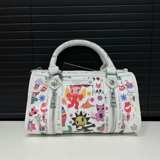 Ladies' fashionable graffiti funny design handbag with multiple zippers, luxurious single shoulder diagonal cross bag