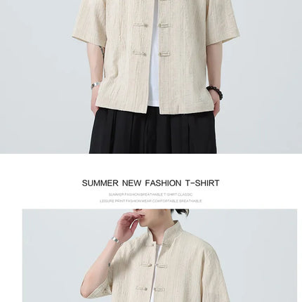 Camicie a Righe da Uomo Estive in Stile Cinese Tradizionale, Camicie Traspiranti in Lino, Abbigliamento Maschile Retrò per Kung Fu e Tai Chi, Completo Casual Tang