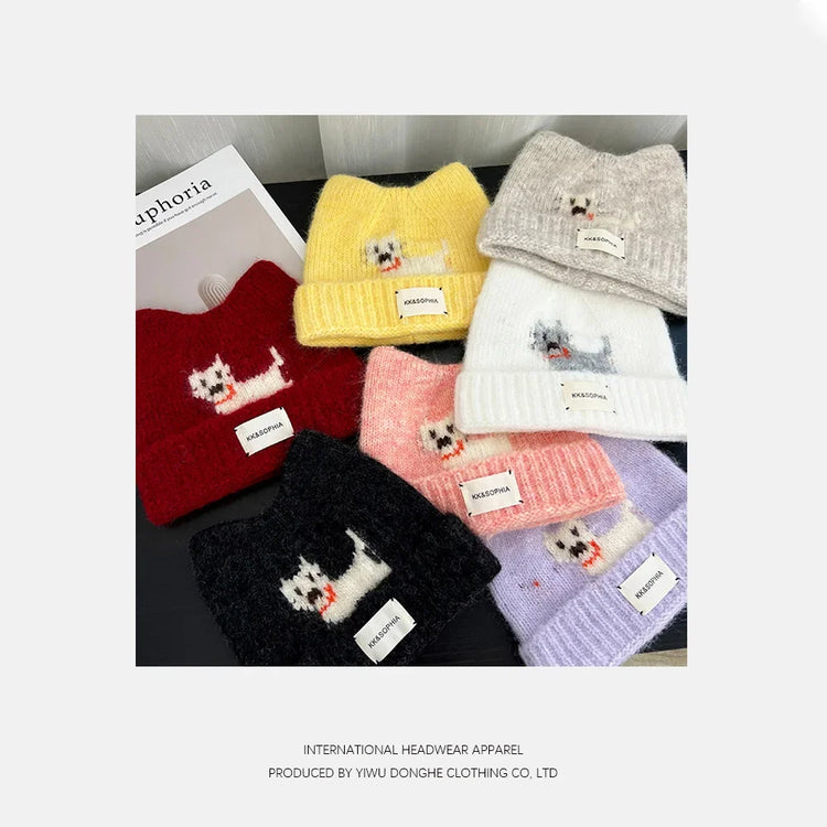 Cute Cartoon Kitten Ear Woolen Cap for Women Warm Cold-proof Autumn Winter Puppy Pattern Knitted Hat Fashion Sweet Crochet hats