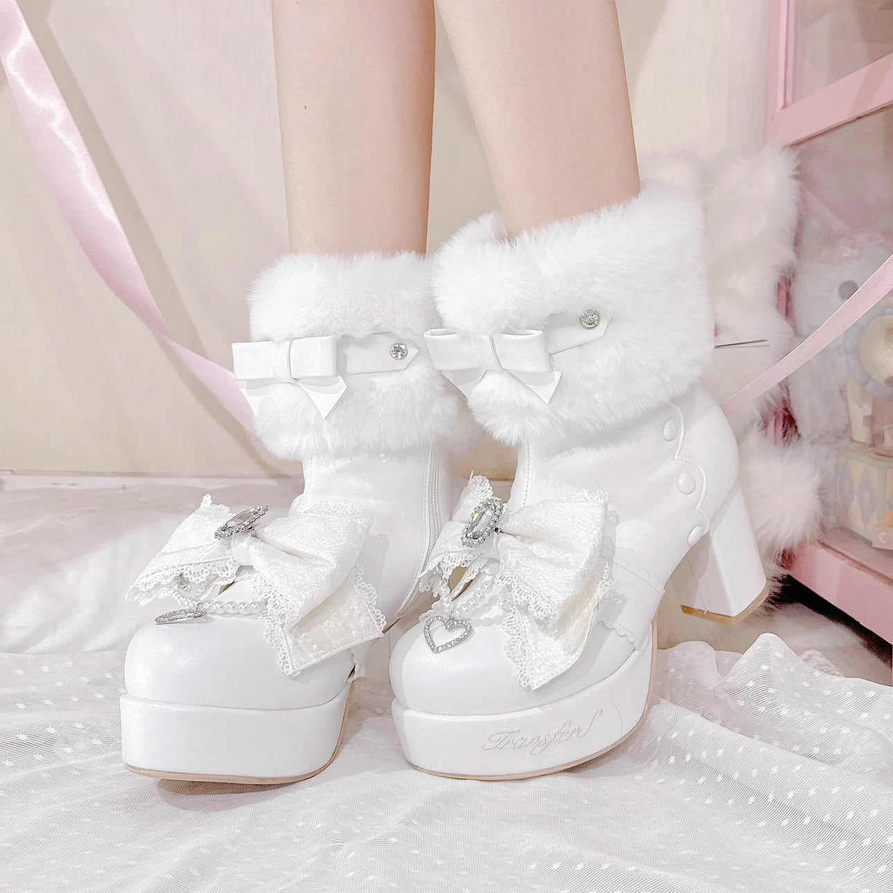 Original Japanese Sweet Cute Style Versatile Bow High Heel Boots Autumn Winter Mass-Produced Rhinestones Fur Short Boots