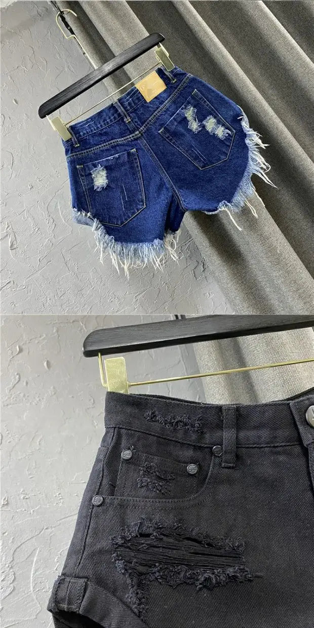 Shorts in denim da donna a vita alta, strappati, con orlo grezzo e sfilacciato, casual, hot pants