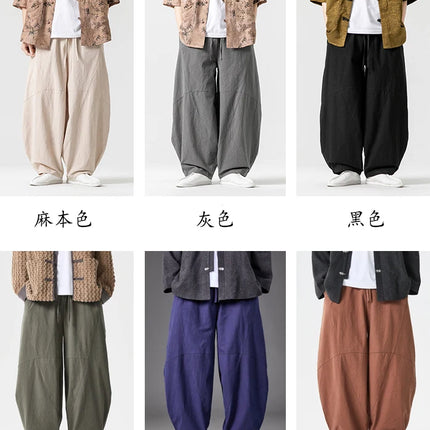 Pantaloni autunnali da uomo stile giapponese comodi pantaloni di lino in cotone maschio casual allentato retrò Harajuku pantaloni a gamba larga da uomo