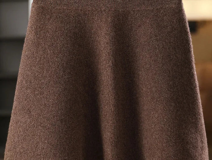 Women's Wool Skirt Autumn Winter Elastic Waist Mini A-Line Cashmere Skirt 100% Merino Wool Knitted Above Knee Preppy Style Dress PlatiNum
