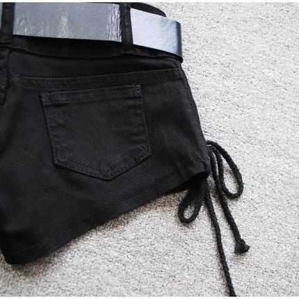Korean Low Rise Denim Shorts 2024 - Riveted Lace Up Bodycon Black Hot Pants Vintage Cheeky Booty Summer TikTok Y2K Outfit PlatiNum