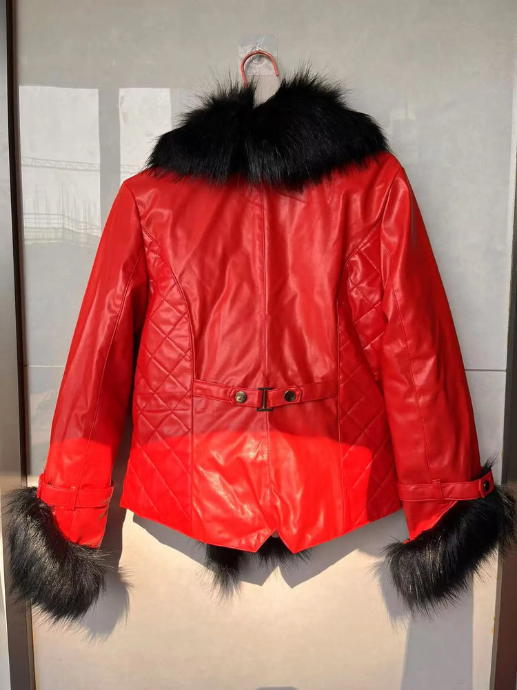 Leather Jacket Women Coat Faux Fox Fur Collar Short Coat PU Leather New Winter Female Jacket Elegant Motorcycle Zipper Outerwear