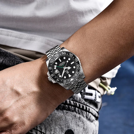 TOP PAGANI DESIGN PD1662 GMT Orologio meccanico automatico da uomo Cinturino in acciaio inossidabile Anello in ceramica blu Quadrante bianco Resistente all'acqua fino a 100 m Orologi da polso sportivi da uomo luminosi per uom