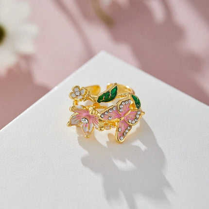 Aesthetic Flower Butterfly Rings for Female Romantic Rhinestone Stylish Non-fading Opening Ring Women Wedding Jewelry Party Gift PlatiNum
