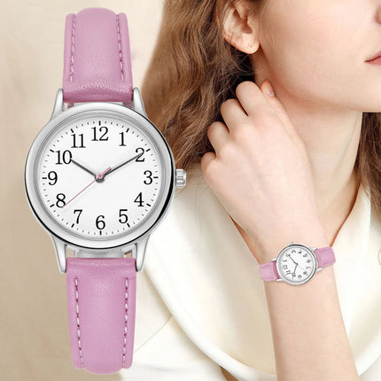 Orologio al quarzo da donna alla moda per il tempo libero, numeri arabi facili da leggere, quadrante semplice, cinturino in pelle PU, colore caramella platinumshop
