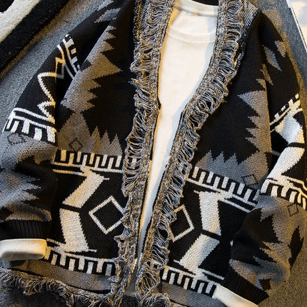 Autumn Ethnic Style V-neck Knitted Cardigan Sweater Men's Loose Casual High Street Personalized Knitted Jackets Male Clothes
