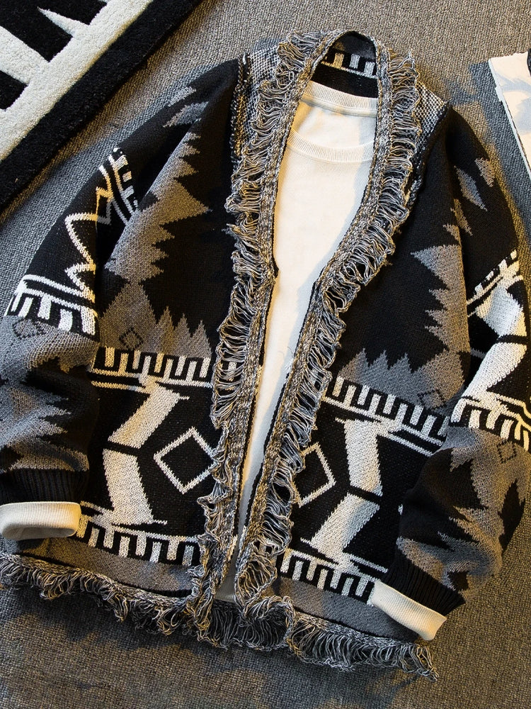 Autumn Ethnic Style V-neck Knitted Cardigan Sweater Men's Loose Casual High Street Personalized Knitted Jackets Male Clothes