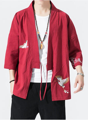 Camicie gru ricamate stile cinese retrò cotone lino Tang vestito Cardigan Mens tradizionale Kung Fu Tai Chi Casual Top camicette