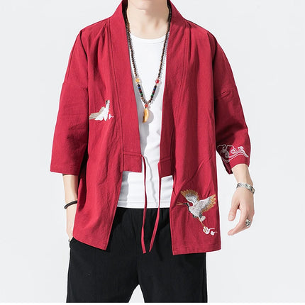 Camicie gru ricamate stile cinese retrò cotone lino Tang vestito Cardigan Mens tradizionale Kung Fu Tai Chi Casual Top camicette