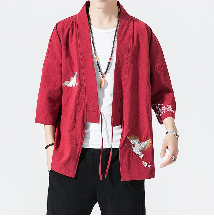 Camicie gru ricamate stile cinese retrò cotone lino Tang vestito Cardigan Mens tradizionale Kung Fu Tai Chi Casual Top camicette