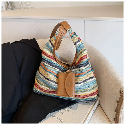 Hand-Woven Large Capacity Tote Bag for Women, Fashionable Commuter Bag, INS Style, Beach Bag for Daily Travel