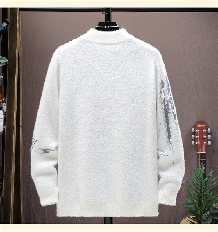 Winter Plaid Mink Cashmere Sweater Men Half Turtleneck Mens Sweaters Top Quality Pull Homme Thick Warm Pullover Men
