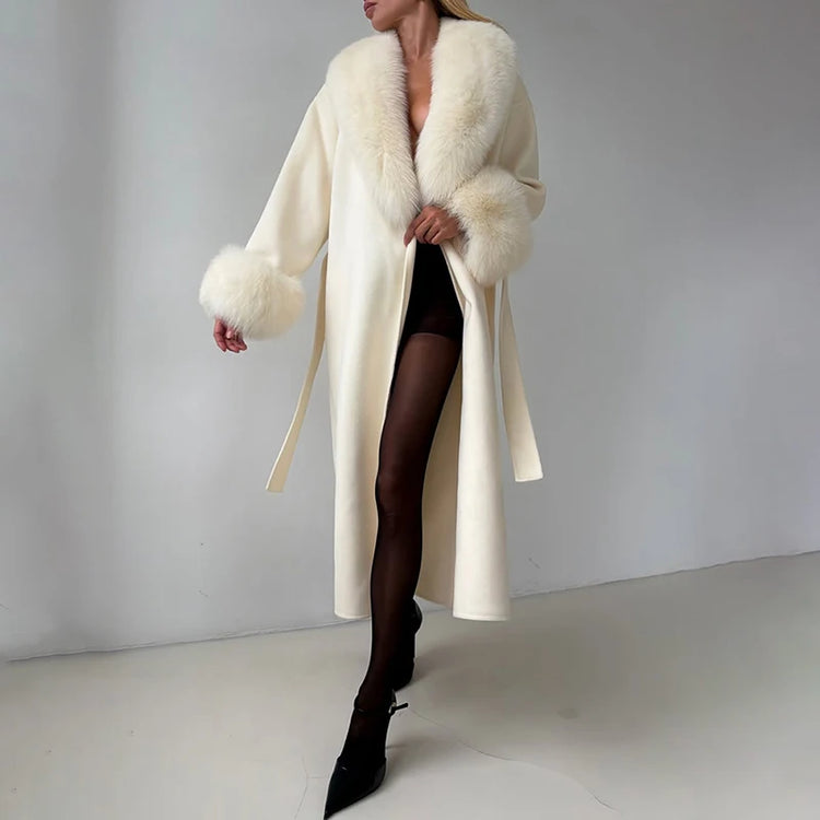 TARUXY Women Luxurious Faux Fox Fur Collar Long Jacket Elegant Solid Long-Sleeved Loose Lace Up Street Warm Coat 2026 Winter New