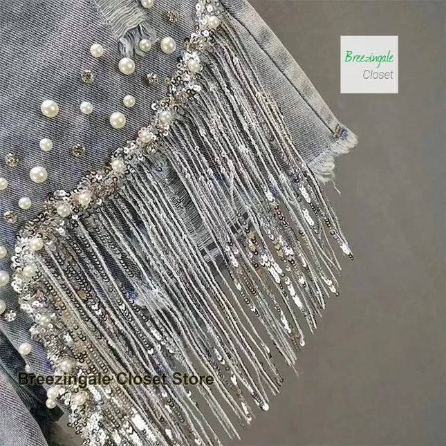 American heavy industry full rhinestone denim shorts, thin tassel beaded ripped jeans, new women's high-waisted summer jeans.