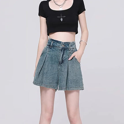 Korean Casual High Waisted Pleated Denim Shorts For Women Spring Summer Baggy Jeans Shorts Y2k  A-Line Wide Leg Jeans PlatiNum