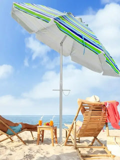 Ombrellone da Spiaggia Portatile 198cm con Protezione UV, Rivestimento Argentato, Perno Inclinabile, Ancoraggio per Sabbia, Palo in Alluminio, Pieghevole, Parasole da Giardino per Esterni