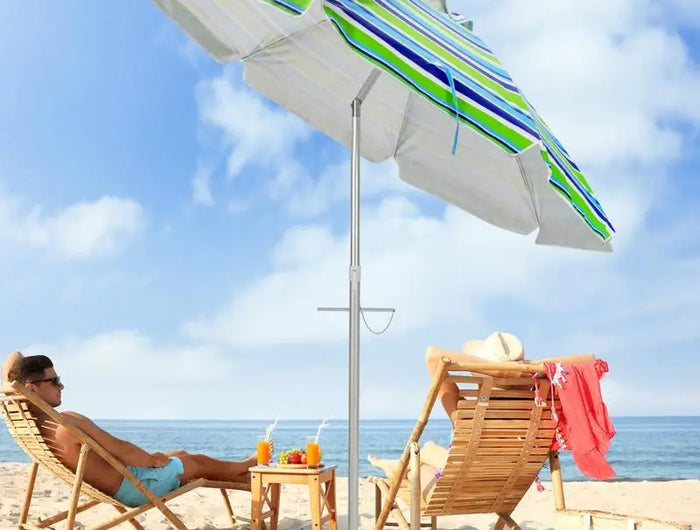 Ombrellone da Spiaggia Portatile 198cm con Protezione UV, Rivestimento Argentato, Perno Inclinabile, Ancoraggio per Sabbia, Palo in Alluminio, Pieghevole, Parasole da Giardino per Esterni