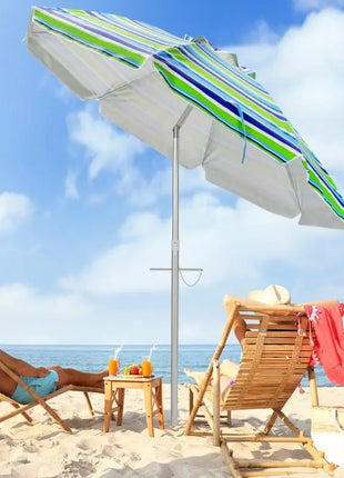 Ombrellone da Spiaggia Portatile 198cm con Protezione UV, Rivestimento Argentato, Perno Inclinabile, Ancoraggio per Sabbia, Palo in Alluminio, Pieghevole, Parasole da Giardino per Esterni