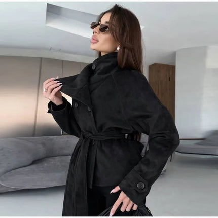 Elegant Suede Women Jacket Turn Down Collar Double Breasted Belt Waist Slim Jackets 2026 Autumn Winter Female Fashion Tops