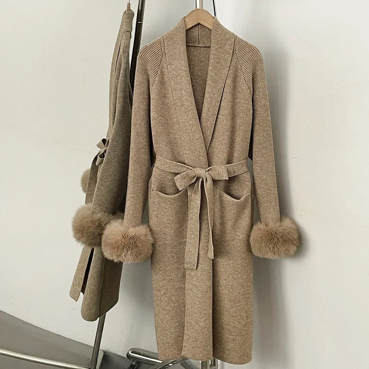 OFTBUY New Winter Long Belted Clothes Outerwear Women Knit Cardigan Real Fox Fur Cuffs Shawl Collar Wrap Knitted Coat Female