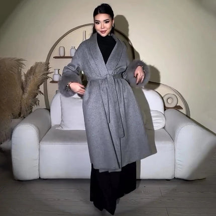 TARUXY Fox Fur Woolen Long Coats Women's Office Lady Removable Elegant Coat Double-sided Wool Overcoat 2025 New Cardigan Jacket