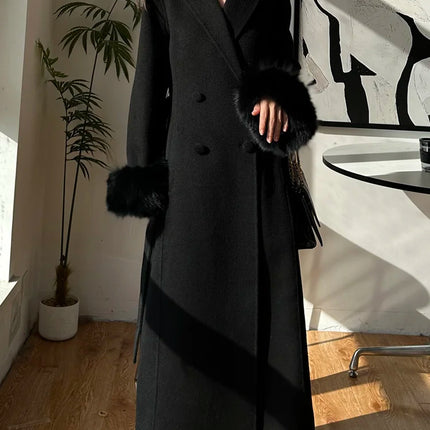 Autumn Winter Korean High-end Real Fox Fur Sleeves Women Black Slim Fit Waist Cinched Double-sided Wool Coat Long Woolen Coat