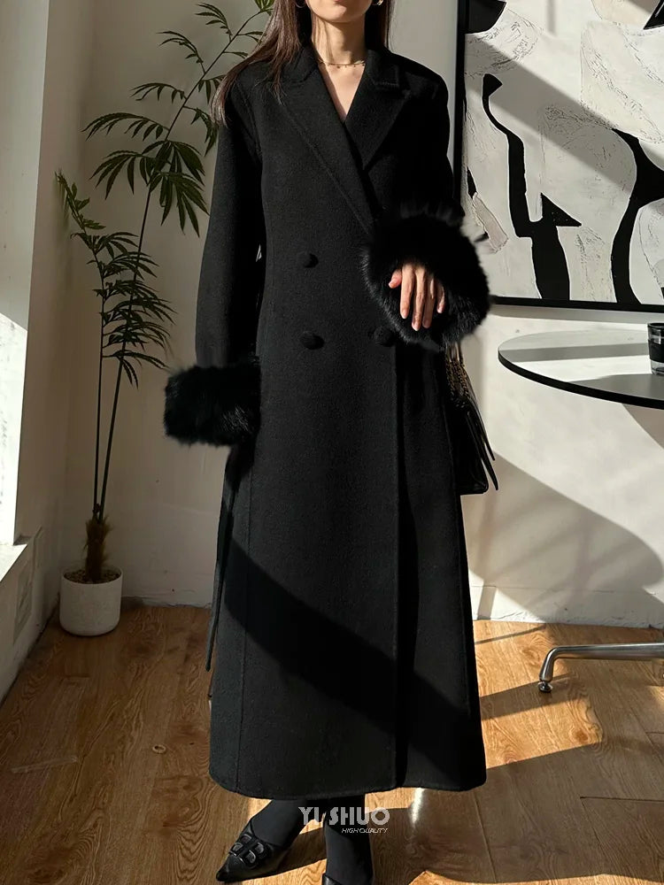 Autumn Winter Korean High-end Real Fox Fur Sleeves Women Black Slim Fit Waist Cinched Double-sided Wool Coat Long Woolen Coat