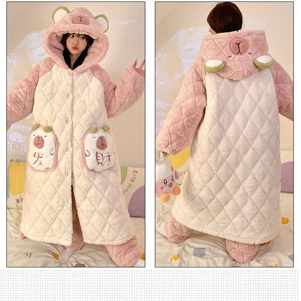 Women Winter Thickened Fleece Bathrobe Can Be Worn Outside Girls Student Hoodie Loose Pajama Two-piece Set Lady Warm Loungewear