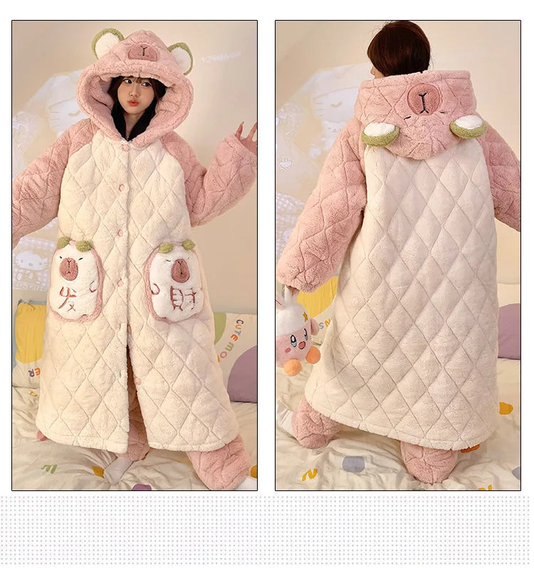 Women Winter Thickened Fleece Bathrobe Can Be Worn Outside Girls Student Hoodie Loose Pajama Two-piece Set Lady Warm Loungewear